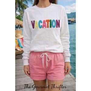 Shiraleah “VACATION” Classic Sweatshirt, Embroidered White Medium, $70 NWT!